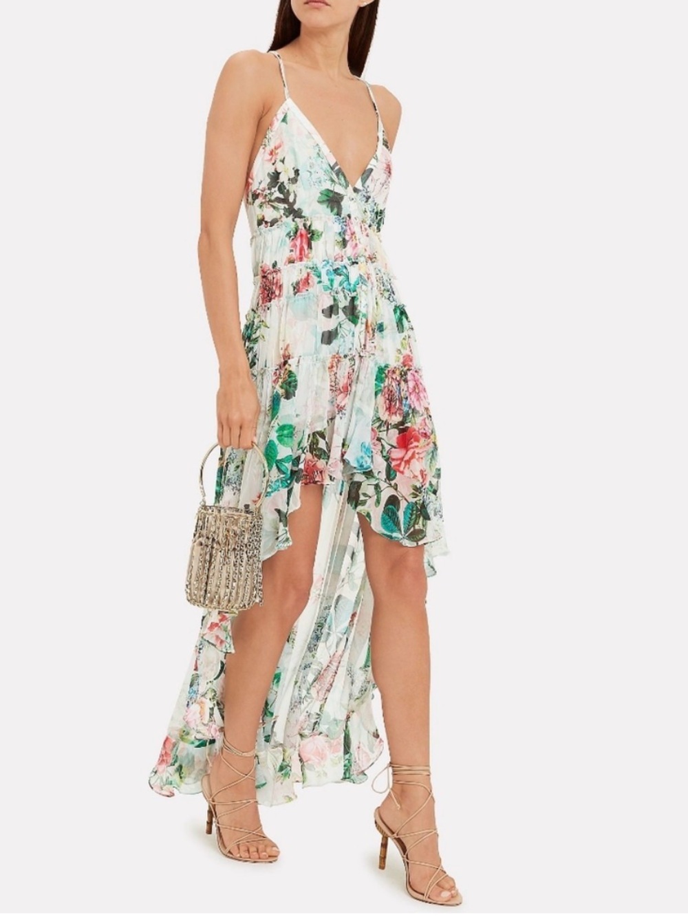 Rococo Sand Mint Floral High-Low Spaghetti Strap Dress